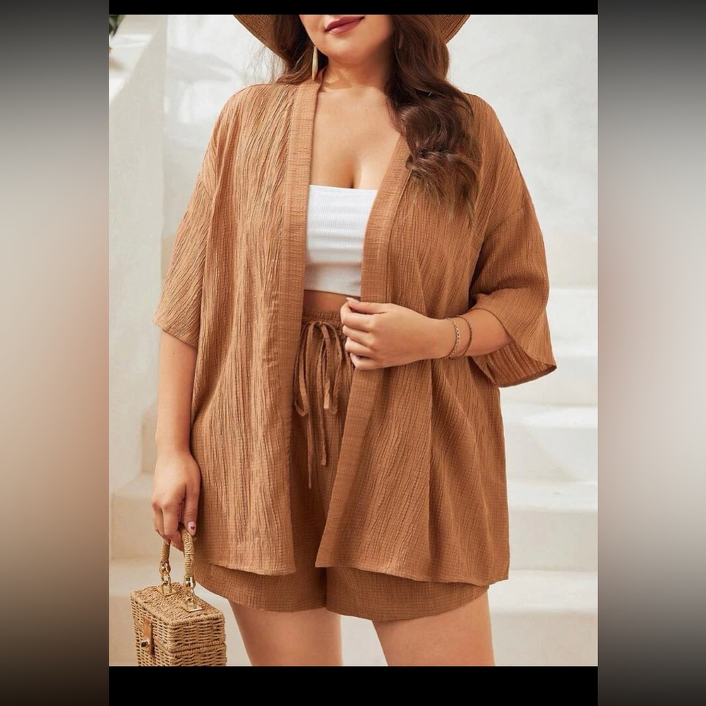 SHEIN VCAY Drop Shoulder Kimono & Drawstring Waist Shorts set (no cami)